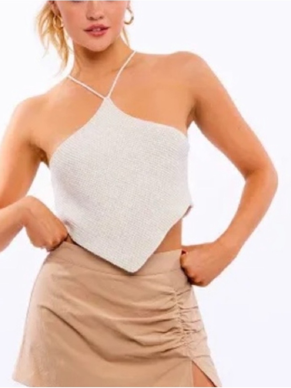 Le Lis Halter Knit Bandana Crop Top - White